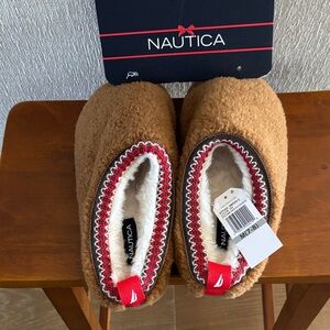 Nautica Tan Fleece Slippers with Red and White Trim